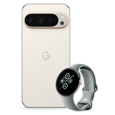 Google Pixel 9 Pro - Unlocked Android Smartphone with Gemini - Porcelain, 128GB + Pixel Watch 2 Smartwatch - Champagne Gold Aluminium Case, Hazel Active Band, Wi-Fi