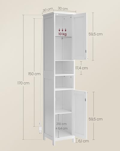 VASAGLE Badezimmerschrank mit Beleuchtung, hoch, schlanker Badschrank, Aufbewahrungsschrank mit verstellbaren Ablagen, offene Fächer, für kleine Räume, modern, wolkenweiß BBC566W03