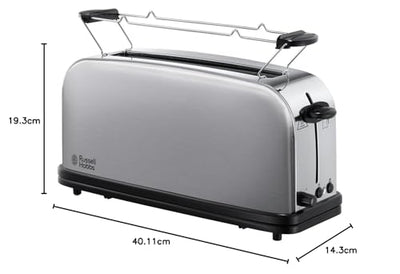 Grille-pain Russell Hobbs [longue fente pour 2 tranches / 1 large tranche de pain] Adventure en acier inoxydable (fente extra large pour grille-pain, avec accessoire pour petits pains, 6 niveaux de brunissement + fonction décongélation, 1000 W) 21396-56