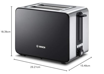 Grille-pain compact Bosch ComfortLine TAT7203, accessoire à pain intégré en acier inoxydable, avec arrêt automatique, avec fonction décongélation, parfait pour 2 tranches de pain grillé, 1050 W, acier inoxydable/noir