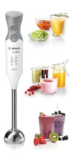 Bosch Stabmixer ErgoMixx MSM66110, Edelstahl-Mixfuß, Mix- und Messbecher, 2 Geschwindigkeitsstufen, leichtes Gehäuse, 4-Klingen-Messer, einfache Reinigung, 600 W, weiß/grau