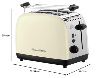 Grille-pain Russell Hobbs [pour 2 tranches] Colours Plus en acier inoxydable crème (fentes de toast extra larges, y compris chauffe-petits pains, 6 niveaux de brunissage + fonction décongélation, fonction Lift &amp; Look, 1600 W) 26551-56