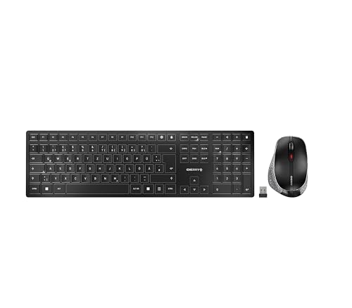 CHERRY DW 9500 SLIM, Kabelloses Tastatur- und Maus-Set, Deutsches Layout (QWERTZ), Bluetooth oder 2,4 GHz Funk, Ergonomische Rechtshändermaus, Schwarz-Grau