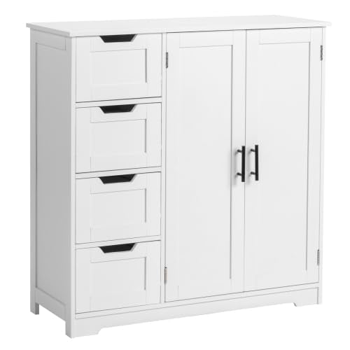 Bonnlo Badezimmerschrank Badschrank, Badkommode mit 4 Schubladen und 2 Schranktüren, Aufbewahrungsschrank mit verstellbaren Einlegeböden für Badezimmer Wohnzimmer Flur Küche, 80×30×80cm, Weiß