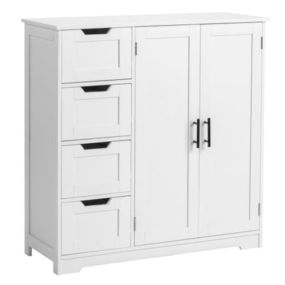 Bonnlo Badezimmerschrank Badschrank, Badkommode mit 4 Schubladen und 2 Schranktüren, Aufbewahrungsschrank mit verstellbaren Einlegeböden für Badezimmer Wohnzimmer Flur Küche, 80×30×80cm, Weiß