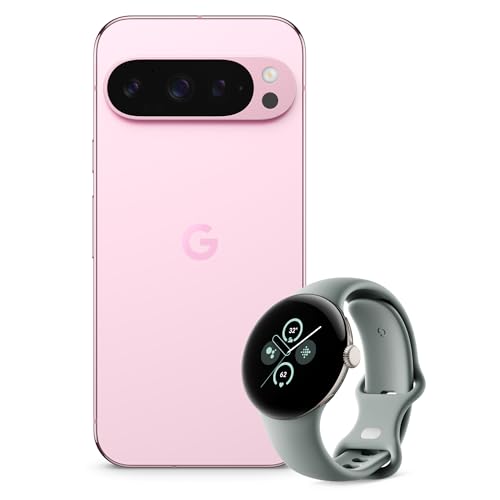 Google Pixel 9 Pro - Unlocked Android Smartphone with Gemini - Rose Quartz, 128GB + Pixel Watch 2 Smartwatch - Champagne Gold Aluminium Case, Hazel Active Band, Wi-Fi