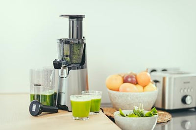 SEVERIN Slow Juicer – Entsafter für Saft, Sorbet, Eis, Marmelade uvm., elektrische Saftpresse aus Edelstahl, einfache Reinigung dank Easy-Clean Konzept, 1L Auffangbehälter, 150 Watt, ES 3571