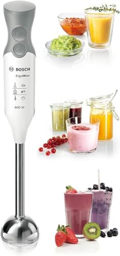 Bosch Stabmixer ErgoMixx MSM66110, Edelstahl-Mixfuß, Mix- und Messbecher, 2 Geschwindigkeitsstufen, leichtes Gehäuse, 4-Klingen-Messer, einfache Reinigung, 600 W, weiß/grau