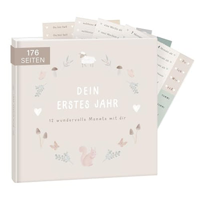 mintkind® Babyalbum "Mein erstes Lebensjahr" Wald + Sticker Set | Baby Fotoalbum zum Selbstgestalten | Baby Geschenk für Mädchen und Junge | Babybuch zum Eintragen | Baby-Tagebuch ab 0 Monate