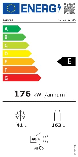 Comfee RCT284WH2A Kühl-/Gefrierkombination/Gefrierteil oben/176 kWh/Jahr/143cm Höhe/LED Licht/Reversibles Türscharnier/Weiß