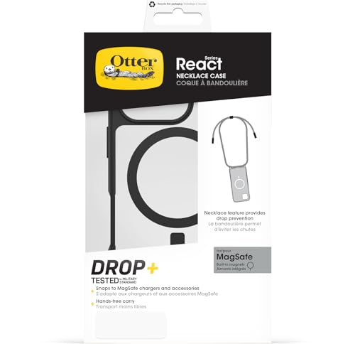 OtterBox React Necklace Hülle mit MagSafe für iPhone 16 Pro, ultraschlanke, schützende Hülle mit Verstellbarer und Abnehmbarer Handykette, Getestet nach Militärstandard, Transparent/Schwarz