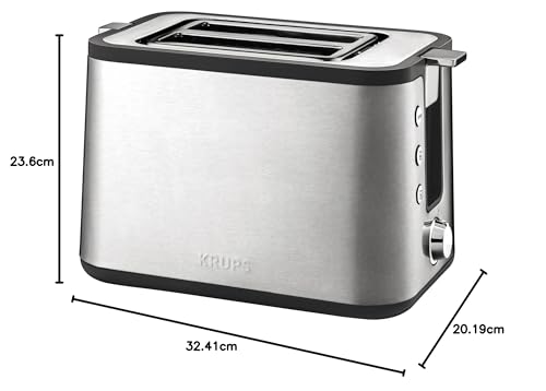 Krups KH442D Control Line Premium Toaster | Edelstahl | 2 kurze Schlitze für 2 Scheiben | Brötchenaufsatz | 6 Bräunungsgrade | 850 W | 23.6 x 32.4 x 20.2 cm | Silber/ Schwarz