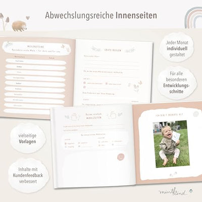 mintkind® Babyalbum "Mein erstes Lebensjahr" Wald + Sticker Set | Baby Fotoalbum zum Selbstgestalten | Baby Geschenk für Mädchen und Junge | Babybuch zum Eintragen | Baby-Tagebuch ab 0 Monate