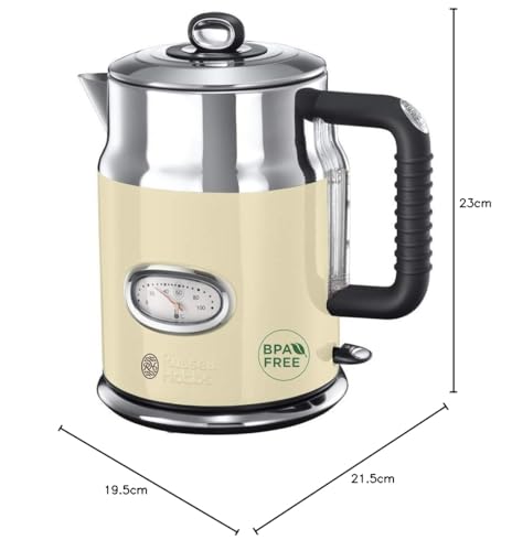 Russell Hobbs Wasserkocher [1,7l, 2400W] Retro Creme & polierter Edelstahl (Schnellkochfunktion, Wassertemperaturanzeige im Retrodesign, außenliegende Wasserstandsanzeige) Vintage Teekocher 21672-70