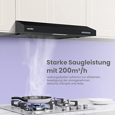 COMFEE' CHU 3.6F17BB 60cm Unterbauhauben Dunstabzugshaube Unterbau mit Edelstahl, abnehmbarem Aluminiumfilter, 200m³/h Luftstrom, 2 Stufen, 1 LED-Licht, Schwarz