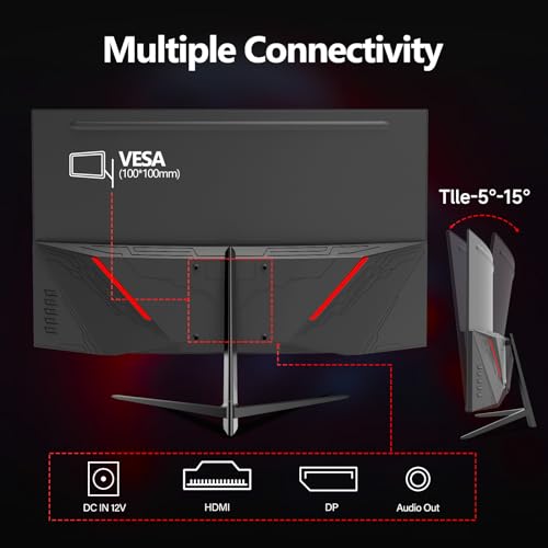 CRUA Gaming Monitor Curved Monitor - 27 Zoll FHD Curved Computer Monitor, Krümmung 1800R, VA-Panel, 180Hz,VGA Gaming Monitor, Augenpflege, Neigungsverstellung, HDMI, Schwarz