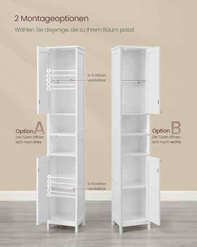 VASAGLE Badezimmerschrank mit Beleuchtung, hoch, schlanker Badschrank, Aufbewahrungsschrank mit verstellbaren Ablagen, offene Fächer, für kleine Räume, modern, wolkenweiß BBC566W03