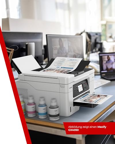 Canon MAXIFY GX4050 MegaTank Multifunktionsdrucker 4in1 (Tintenstrahl, Druck, Kopie, Scan, Fax, ADF 35 Blatt, WLAN, LAN, Touch LCD, Duplex, niedrige Seitenkosten, hohe Reichweite, gerader Einzug) weiß