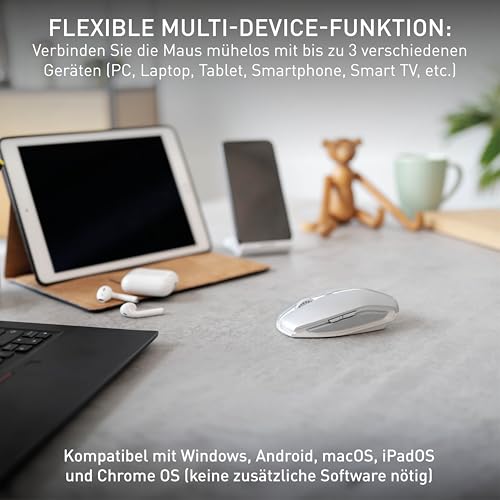 CHERRY GENTIX BT, Kabellose Bluetooth-Maus, Multi-Device-Funktion für bis zu 3 Geräte, Umschaltbare Auflösung (1000/2000 dpi), Batteriebetrieben, Frosted Silver