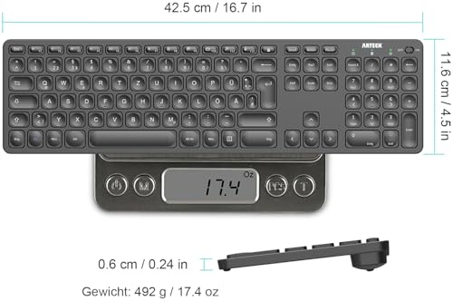 Arteck Kabellose Tastatur, Deutsches QWERTZ Layout wiederaufladbare USB Anschluss 2,4 GHz Kabellos Tastatur mit Multimedia-Tasten, Kompatibel mit PC, Computer, Notebook, Laptop, Windows 11, 10, 8