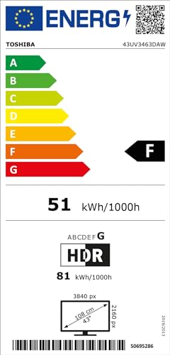 Téléviseur Toshiba VIDAA 43 pouces (téléviseur intelligent 4K UHD, HDR Dolby Vision, triple tuner, Bluetooth, Dolby Audio) 43UV3463DAW