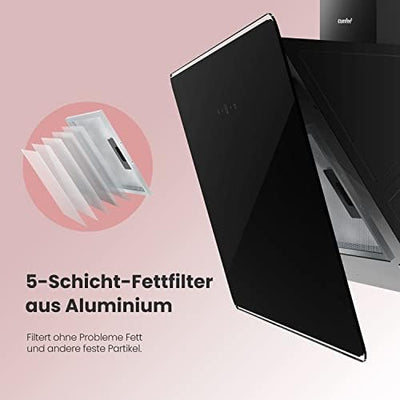 COMFEE' A+ Dunstabzugshaube 60cm CHK 3.6J64A1B Wandhaube aus gehärtetem Glas und Edelstahl mit Touchscreen, LED und Umluft- und Kanalsystem Wandmontierte Dunstabzugshaube, Schwarz