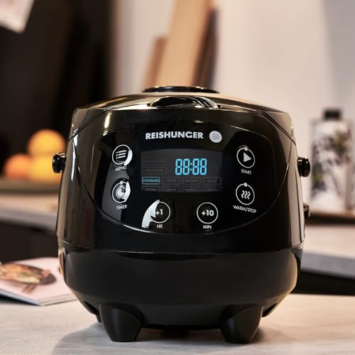 REISHUNGER Digitaler Reiskocher klein, schwarz | 0,6 L bis 3 Personen | Warmhaltefunktion, Timer & Premium Topf | Kleiner Multikocher & Dampfgarer, 8 Programme, 7-Phasen-Technologie