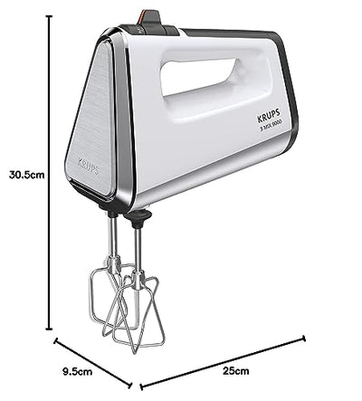 Krups GN9121 3 Mix 9000 Handmixer | 750 Watt | Geschwindigkeitsregler | Turbomodus | Auswurffunktion | ergonomischer Griff | inkl. Schneebesen, Knethaken, Pürierstab-Aufsatz, Messbecher | Weiß/Silber