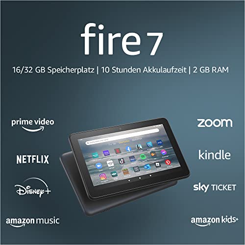 Zertifiziert und generalüberholt Fire 7-Tablet, 7-Zoll-Display, 16 GB, Modell (2022), schwarz Mit Werbung