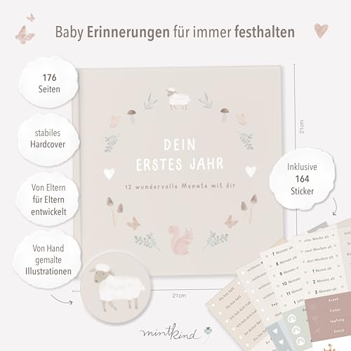 mintkind® Babyalbum "Mein erstes Lebensjahr" Wald + Sticker Set | Baby Fotoalbum zum Selbstgestalten | Baby Geschenk für Mädchen und Junge | Babybuch zum Eintragen | Baby-Tagebuch ab 0 Monate