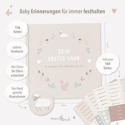 mintkind® Babyalbum "Mein erstes Lebensjahr" Wald + Sticker Set | Baby Fotoalbum zum Selbstgestalten | Baby Geschenk für Mädchen und Junge | Babybuch zum Eintragen | Baby-Tagebuch ab 0 Monate