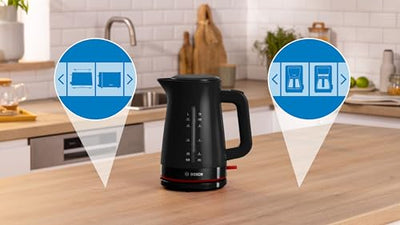 Bosch kabelloser Wasserkocher MyMoment TWK3M123, Abschaltautomatik, Überhitzungsschutz, Tassenanzeige, beidseitige Wasserstandsanzeige, entnehmbarer Kalkfilter, 1,7 L, 2400 W, Schwarz matt