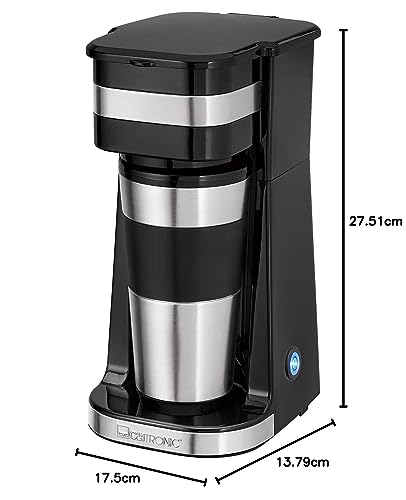 Clatronic Kaffeemaschine mit 400ml Kaffee To Go Becher | passend für alle gängigen Getränkehalter (z. B. Auto) | Filterkaffeemaschine mit Edelstahlbecher und Aromadeckel |Kaffeemaschine klein KA 3733