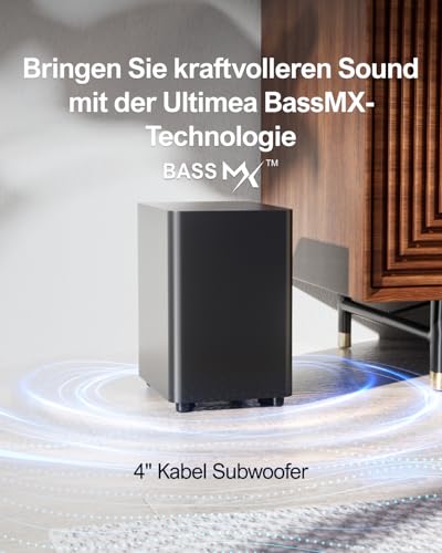 ULTIMEA 5.1 Surround Sound System, Soundbar für TV Geräte mit App Steuerung, Soundbar mit Subwoofer, 2 Surround Lautsprechern, Heimkino Soundsystem mit verstellbarem Bass, Bluetooth 5.3, Aura A30