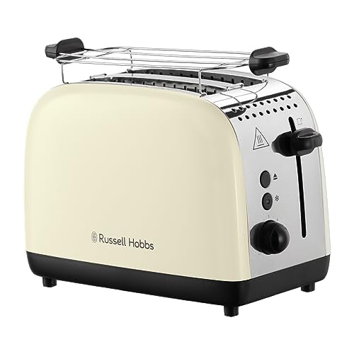 Grille-pain Russell Hobbs [pour 2 tranches] Colours Plus en acier inoxydable crème (fentes de toast extra larges, y compris chauffe-petits pains, 6 niveaux de brunissage + fonction décongélation, fonction Lift &amp; Look, 1600 W) 26551-56