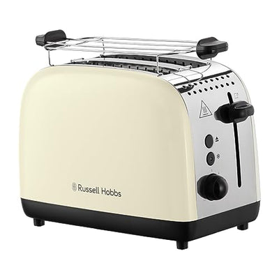 Grille-pain Russell Hobbs [pour 2 tranches] Colours Plus en acier inoxydable crème (fentes de toast extra larges, y compris chauffe-petits pains, 6 niveaux de brunissage + fonction décongélation, fonction Lift &amp; Look, 1600 W) 26551-56