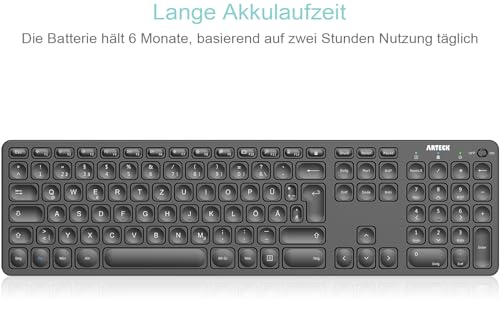 Arteck Kabellose Tastatur, Deutsches QWERTZ Layout wiederaufladbare USB Anschluss 2,4 GHz Kabellos Tastatur mit Multimedia-Tasten, Kompatibel mit PC, Computer, Notebook, Laptop, Windows 11, 10, 8