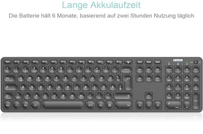 Arteck Kabellose Tastatur, Deutsches QWERTZ Layout wiederaufladbare USB Anschluss 2,4 GHz Kabellos Tastatur mit Multimedia-Tasten, Kompatibel mit PC, Computer, Notebook, Laptop, Windows 11, 10, 8