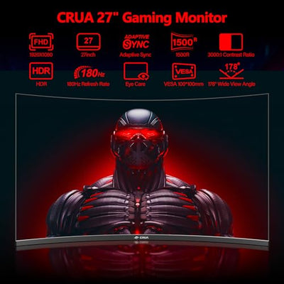 CRUA Gaming Monitor Curved Monitor - 27 Zoll FHD Curved Computer Monitor, Krümmung 1800R, VA-Panel, 180Hz,VGA Gaming Monitor, Augenpflege, Neigungsverstellung, HDMI, Schwarz