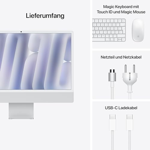 Apple iMac All-in-One Desktop-Computer mit M4 Chip mit 10 Core CPU und 10 Core GPU: 24" Retina Display, 16 GB gemeinsamer Arbeitsspeicher, 256 GB SSD Speicher, passendes Zubehör; Silber