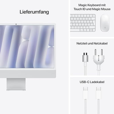 Apple iMac All-in-One Desktop-Computer mit M4 Chip mit 10 Core CPU und 10 Core GPU: 24" Retina Display, 16 GB gemeinsamer Arbeitsspeicher, 256 GB SSD Speicher, passendes Zubehör; Silber