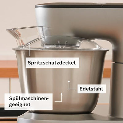 Bosch Küchenmaschine OptiMUM MUM9D33S11, Edelstahl-Schüssel 5,5 L, Planetenrührwerk, Profi-Knethaken, Schlag-, Silikonbesen, 7 Arbeitsstufen, Durchlaufschnitzler, 3 Scheiben, 1300 W, silber