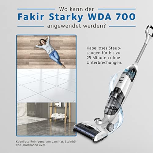 Fakir Starky WDA 700 Akku Staubsauger beutellos 120 W, 3in1 Nass Trockensauger kabelloser Bodenstaubsauger, 22,2 V Akku, 2 Saugstufen mit verschiedenen Aufsätzen, 25 Min. Laufzeit, selbstreinigend