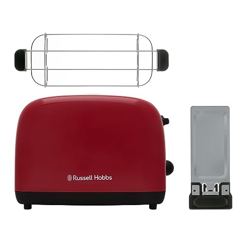 Grille-pain Russell Hobbs [pour 2 tranches] Colours Plus Acier inoxydable Rouge (fentes de toast extra larges, y compris chauffe-petits pains, 6 niveaux de brunissage + fonction décongélation, fonction Lift &amp; Look, 1600 W) 26554-56