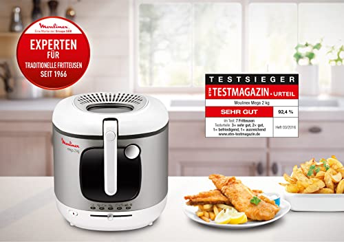 Moulinex AM4800 Mega 2kg Fritteuse | Fritteuse mit Öl | Anti-Geruchs-Filter | regelbare Temperatur | leichte Reinigung | knusprige Pommes | 1.800 Watt | für bis zu 8 Personen | Weiß/Silber | Gross