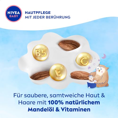 NIVEA BABY Gute Nacht Bad & Shampoo, mildes Babyshampoo & Duschgel mit Mandelöl, Vitamin E, B5 und C, beruhigendes Baby Shampoo mit hypoallergener Formel und hautfreundlichem pH-Wert (200 ml)