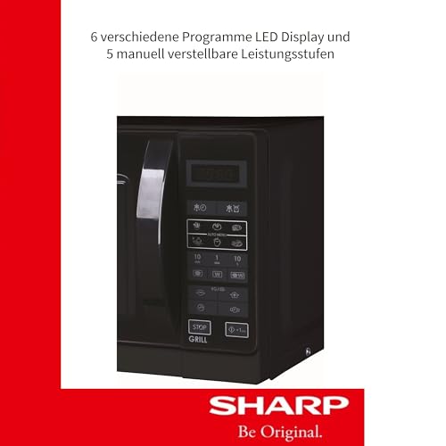 Sharp Freistehend, R642BKW 2-in-1 Mikrowelle mit Grill / 20 L / 800 W / 1000 W Quarzgrill / 8 Automatikprogramme / Timer / Kindersicherung / Energiesparmodus / Glasdrehteller (25,5 cm) / schwarz