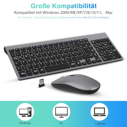 cimetech Tastatur Maus Set Kabellos, 2.4G Ultraslim Tragbare Funktastatur mit Maus Tastatur QWERTZ Layout (Deutsch) für Laptop, PC, Desktop, Notebook, Windows