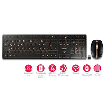 CHERRY DW 9000 SLIM, Kabelloses Tastatur- und Maus-Set, EU-Layout (QWERTY), Bluetooth & 2,4 GHz Funk, Leise Tasten, Wiederaufladbar, Schwarz-Bronze