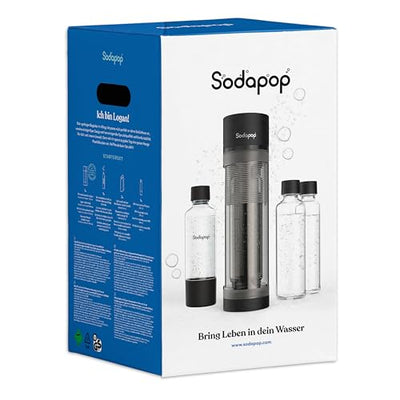 Sodapop Wassersprudler Logan Starterset mit CO₂-Zylinder, inkl. 2 Glasflaschen (850 & 600 ml) und 1 PET-Flasche (850 ml), Matt Schwarz, Höhe 42,6 cm